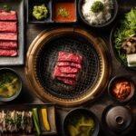 焼肉の牛太福崎店焼き肉セットと副菜の俯瞰構図